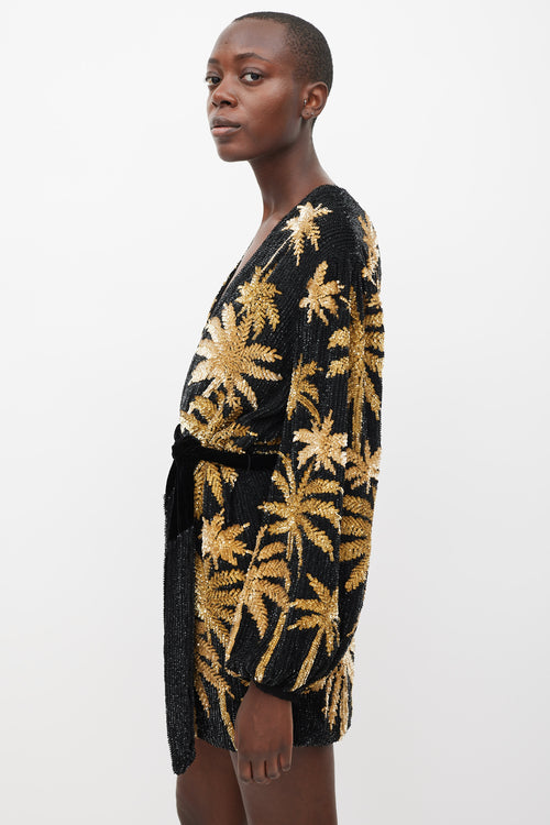 Retrofête Black & Gold Sequinned Palm Tree Gabrielle Dress