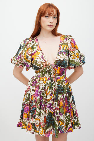 Rhode Cream & Multicolour Linen Ruffled Floral Dress