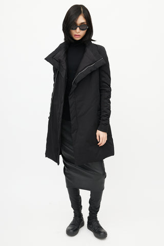 Rick Owens Black Asymmetrical Zip Padded Coat