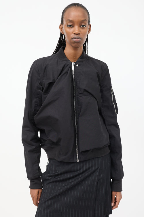 Rick Owens Black Cotton Draped Panel Bomber Jacket