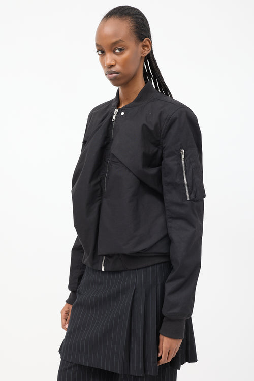 Rick Owens Black Cotton Draped Panel Bomber Jacket