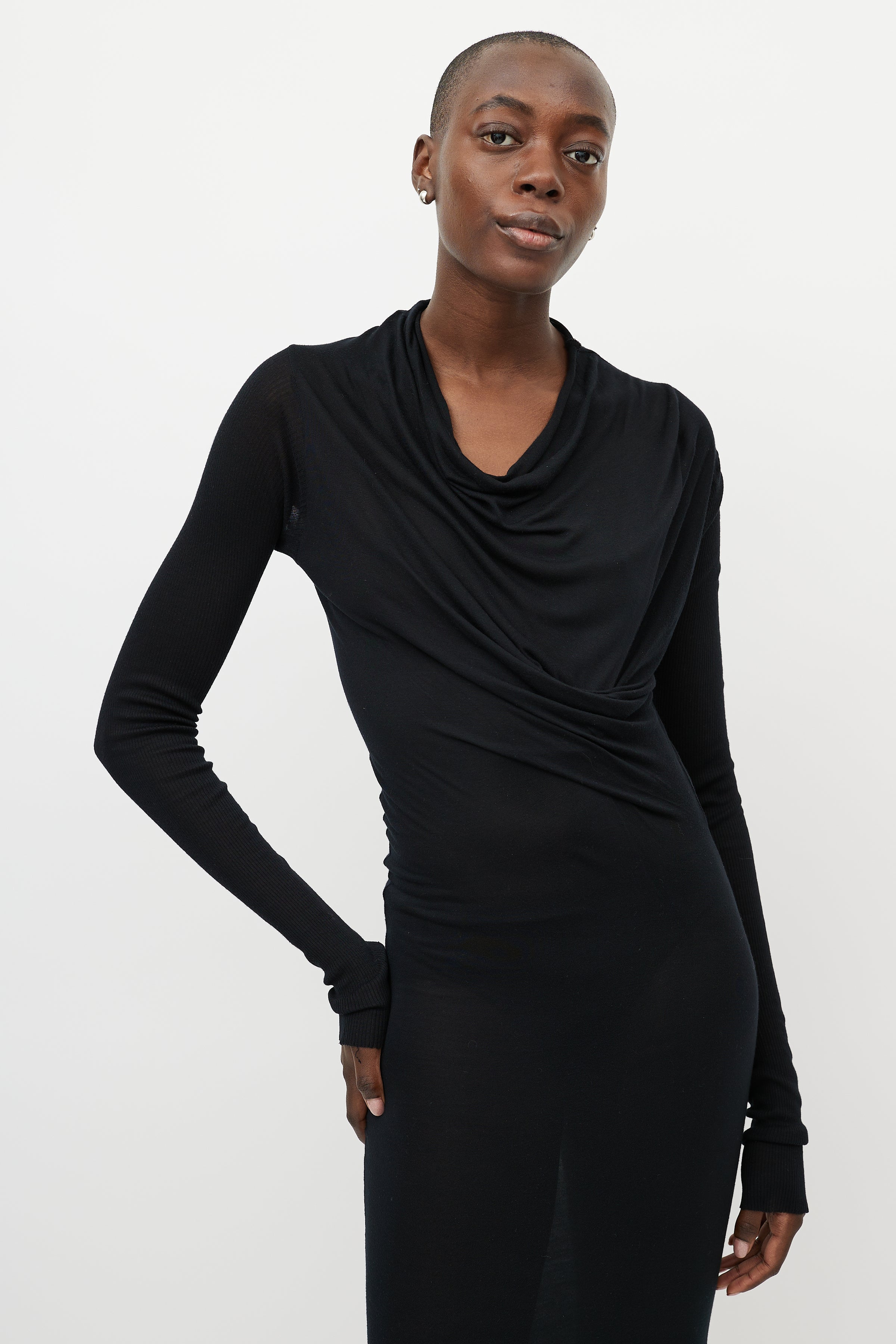 Rick Owens // Black Draped Front Long Sleeve Maxi Dress VSP Consignment Rick Owens // Black Draped Front Long Sleeve Maxi Dress VSP Consignment