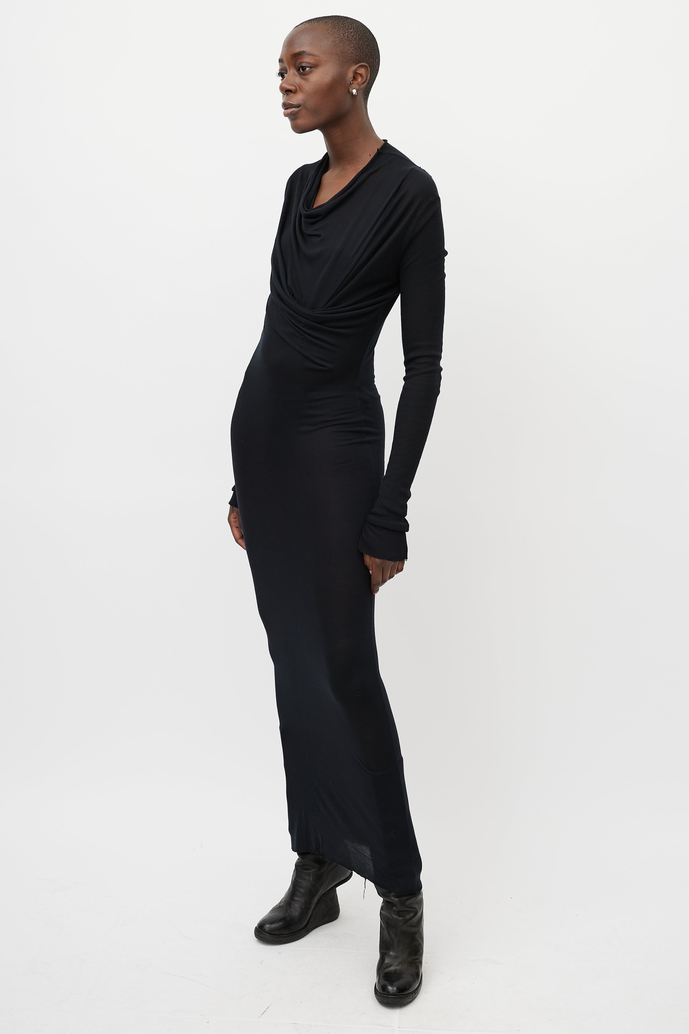 Rick Owens // Black Draped Front Long Sleeve Maxi Dress VSP Consignment Rick Owens // Black Draped Front Long Sleeve Maxi Dress VSP Consignment