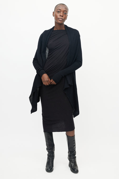 Rick Owens Black Knitted Ribbed Sleeve Open Cardigan