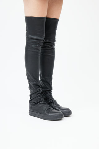 Rick Owens Black Leather Thigh High Boot