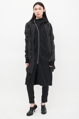 Rick Owens DRKSHDW Black Nylon Long Bomber Coat