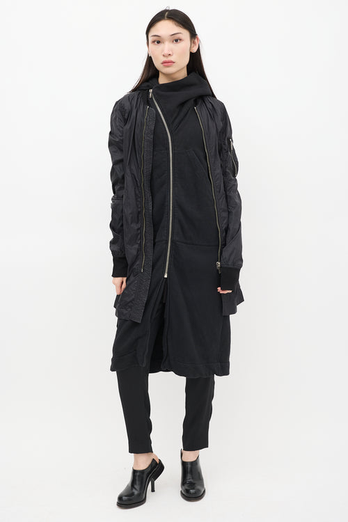 Rick Owens DRKSHDW Black Nylon Long Bomber Coat