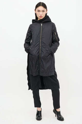 Rick Owens DRKSHDW Black Nylon Long Bomber Coat