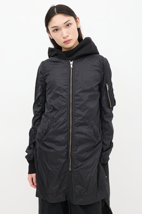 Rick Owens DRKSHDW Black Nylon Long Bomber Coat