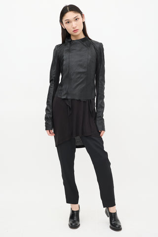 Rick Owens Black Leather & Mesh Asymmetrical Jacket