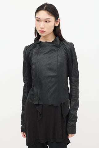 Rick Owens Black Leather & Mesh Asymmetrical Jacket