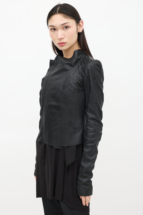 Rick Owens Black Leather & Mesh Asymmetrical Jacket