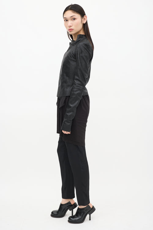 Rick Owens Black Leather & Mesh Asymmetrical Jacket