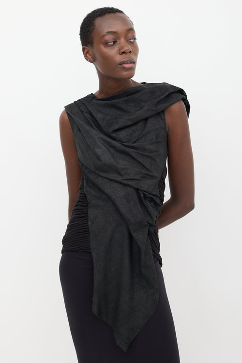 Rick Owens Black Leather Gathered Top