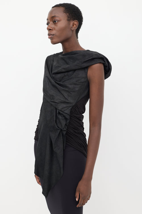 Rick Owens Black Leather Gathered Top