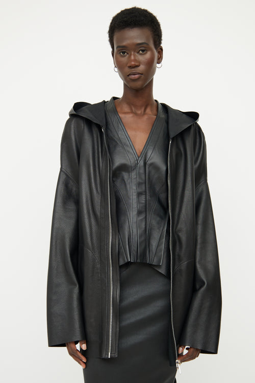 Rick Owens Black Leather Hood Jacket