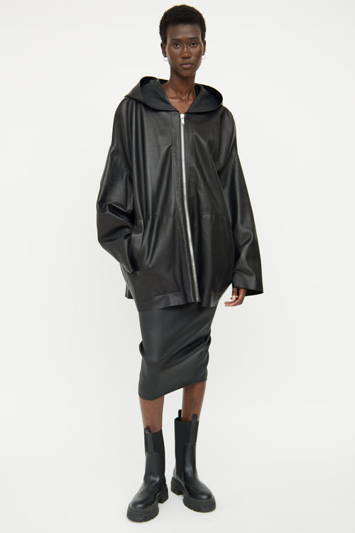 Rick Owens Black Leather Hood Jacket