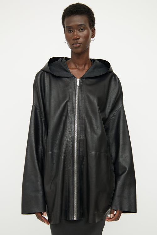 Rick Owens Black Leather Hood Jacket