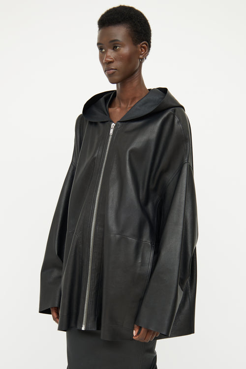 Rick Owens Black Leather Hood Jacket