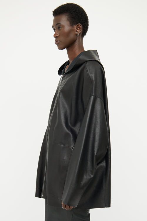 Rick Owens Black Leather Hood Jacket