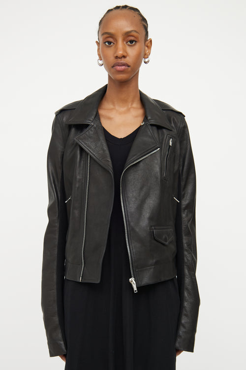 Rick Owens Black Leather Knit Sleeve Jacket