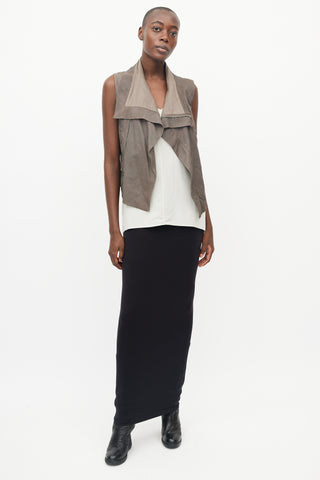 Rick Owens Brown Leather Draped Collar Vest