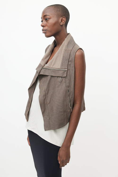 Rick Owens Brown Leather Draped Collar Vest
