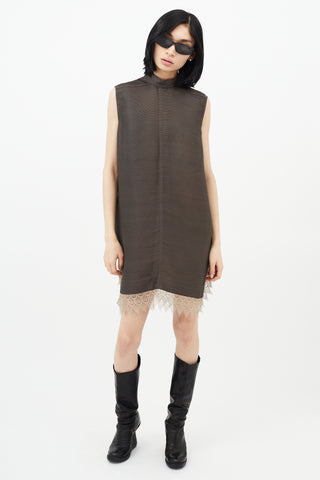 Rick Owens Brown Silk Ribbed & Lace Dress