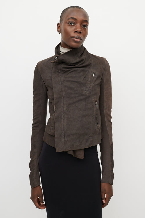 Rick Owens Brown Suede Draped Funnel Collar Jacket