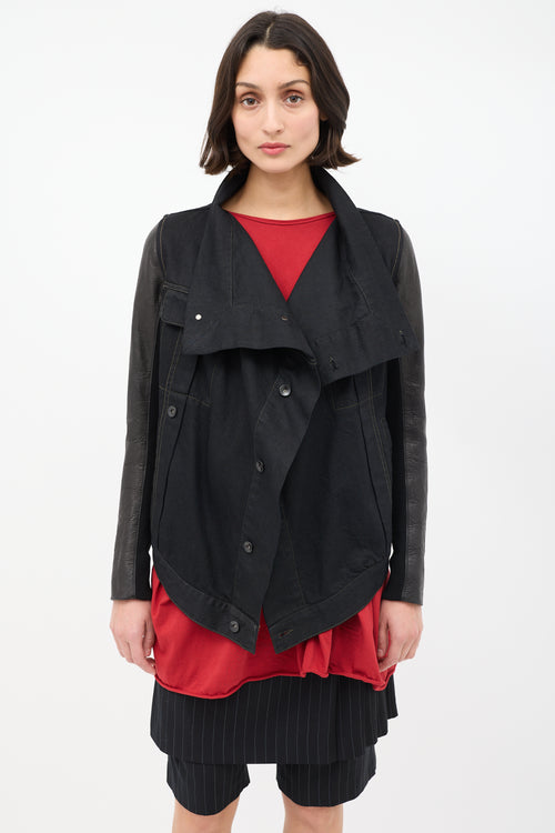 Rick Owens DRKSHDW Black Denim & Leather High Low Drape Jacket