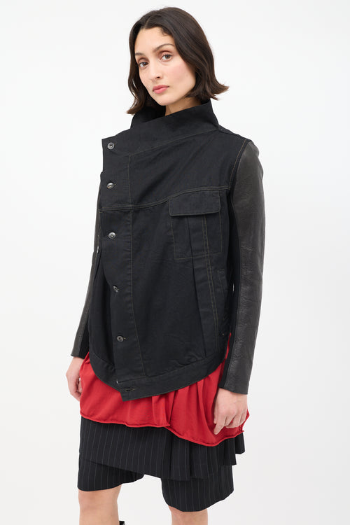 Rick Owens DRKSHDW Black Denim & Leather High Low Drape Jacket