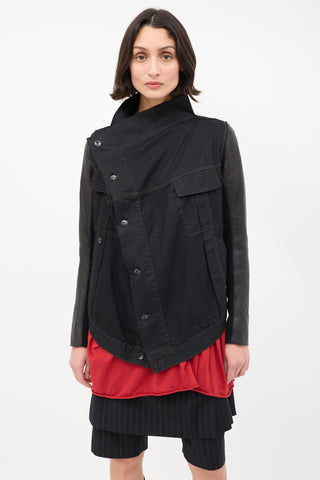 Rick Owens DRKSHDW Black Denim & Leather High Low Drape Jacket