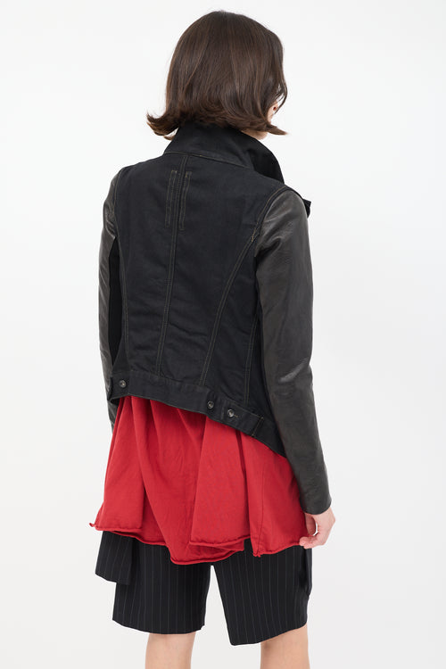 Rick Owens DRKSHDW Black Denim & Leather High Low Drape Jacket