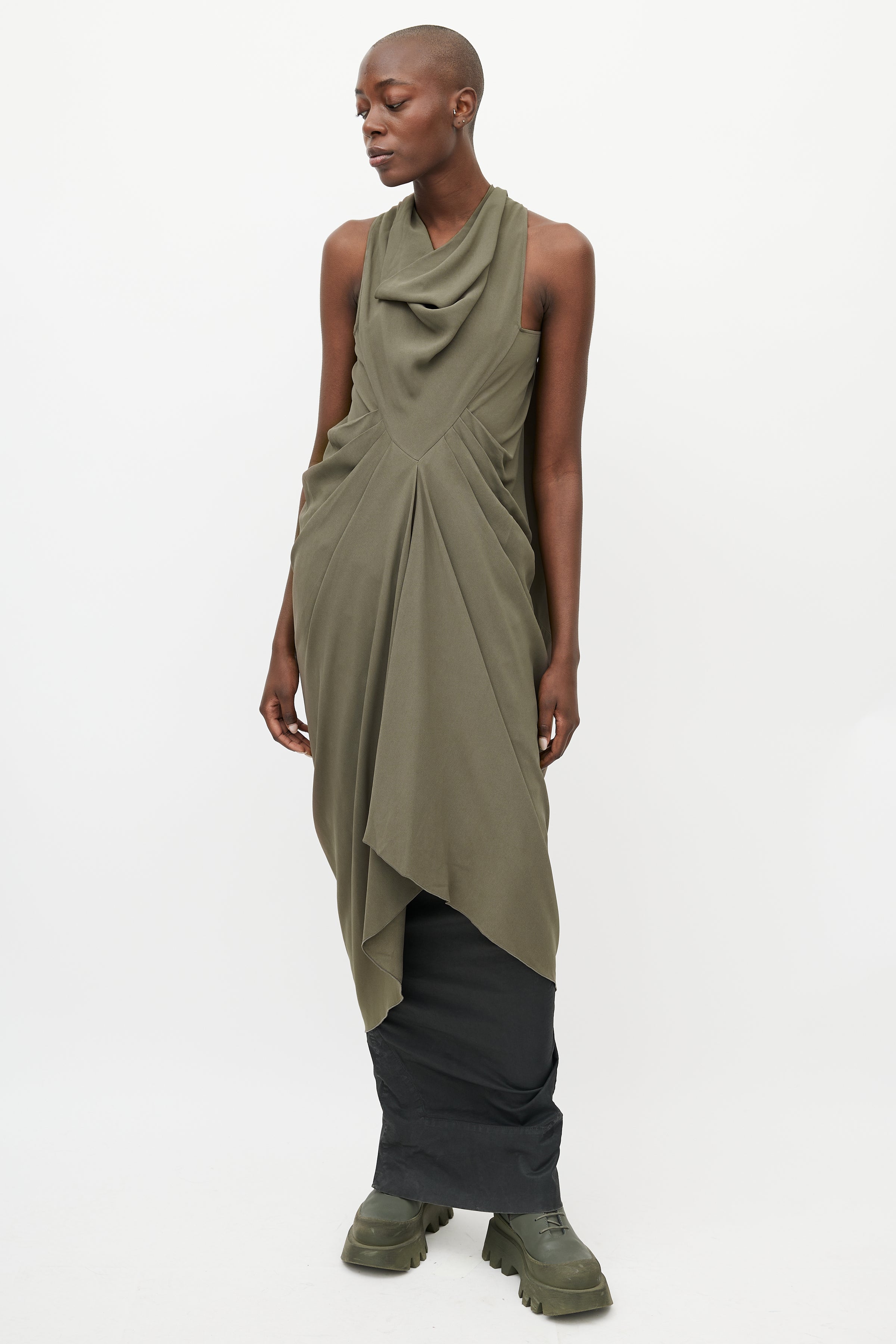 Rick Owens // FW 2012 Mountain Khaki Green Drape Dress VSP Consignment Rick Owens // FW 2012 Mountain Khaki Green Drape Dress VSP Consignment