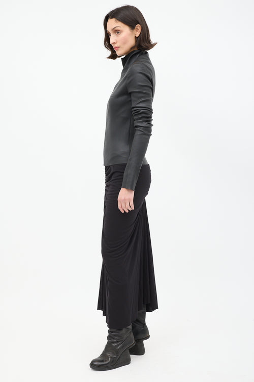 Rick Owens FW 2021 Black Leather Asymmetrical High Neck Jacket