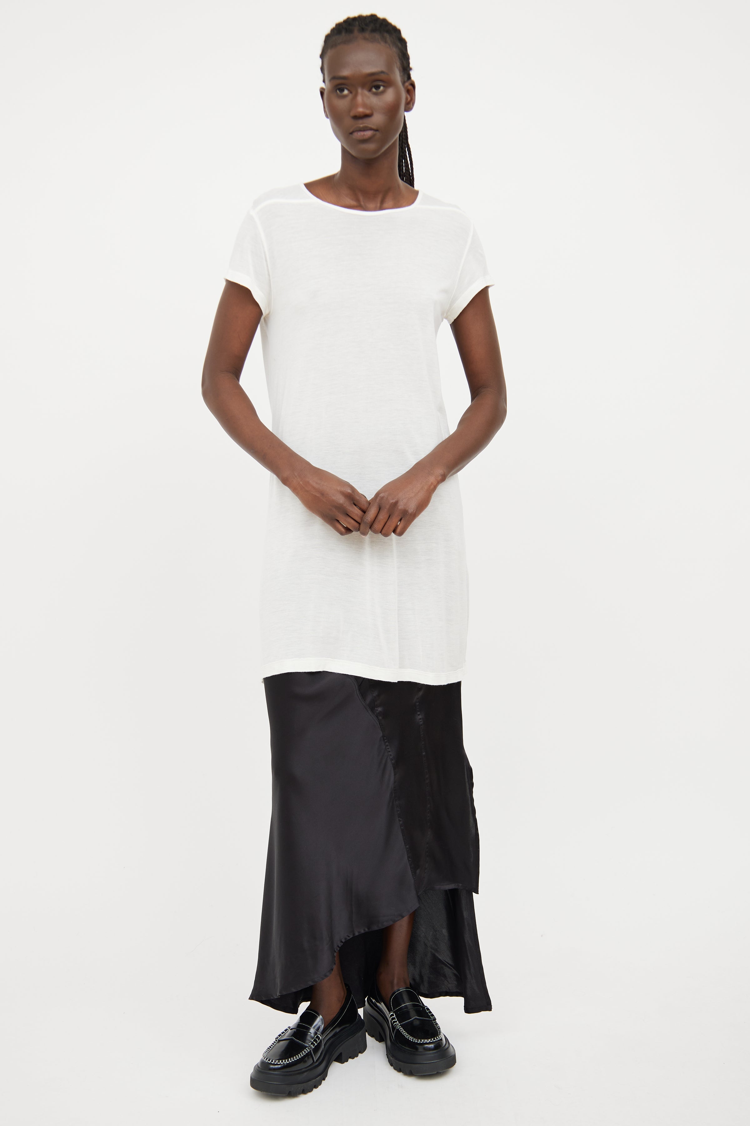 rick owens t shirt dress RICK OWENS EDFU S/S 23 Draped Gathered Anthem Cotton T-Shirt Mini Dress 2 XS 38