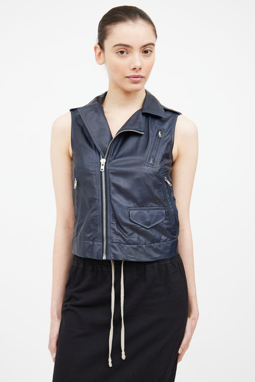 Rick Owens Navy Leather Zip Up Vest