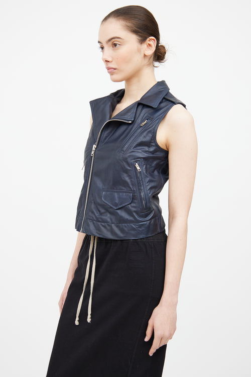 Rick Owens Navy Leather Zip Up Vest