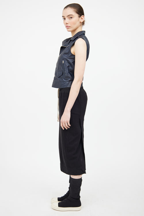 Rick Owens Navy Leather Zip Up Vest