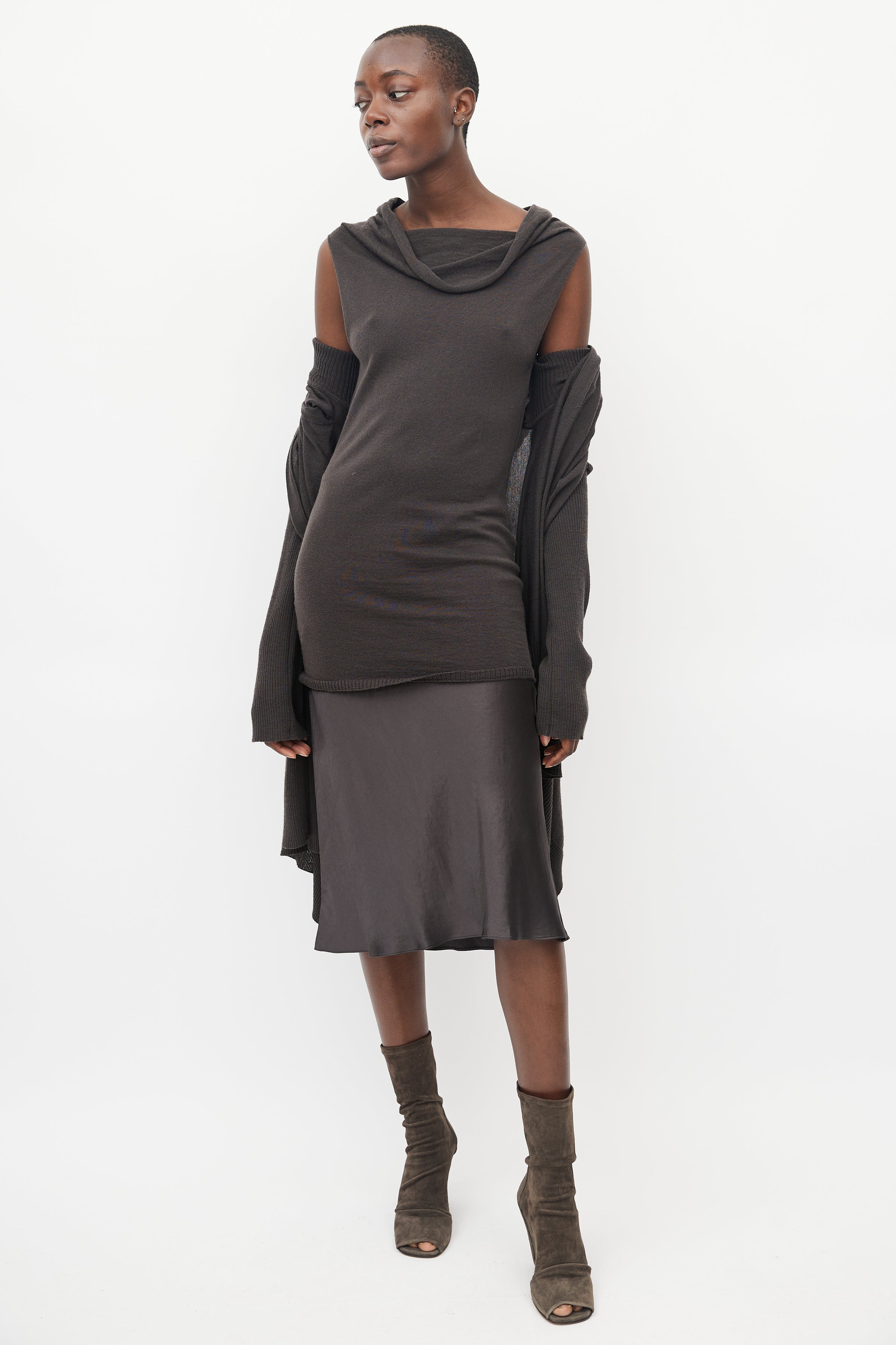 Rick Owens // Brown Knit Wrap Cardigan & Tunic Set VSP Consignment Rick Owens // Brown Knit Wrap Cardigan & Tunic Set VSP Consignment