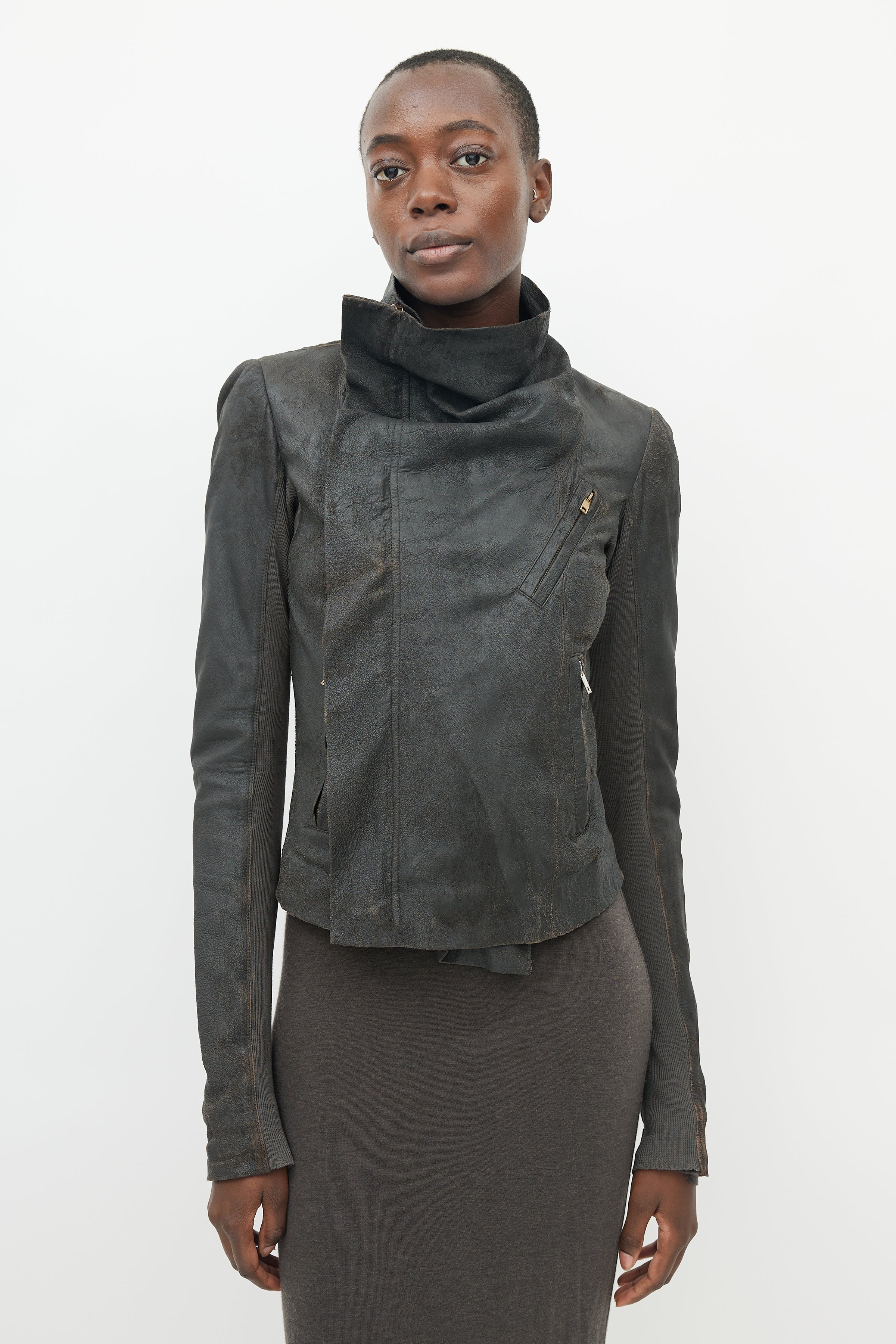 Rick Owens // Brown Leather Distressed Asymmetrical Jacket – VSP Consignment