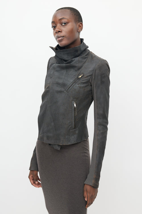 Rick Owens Brown Leather Distressed Asymmetrical Jacket