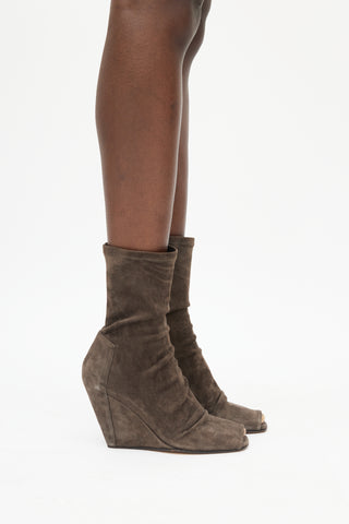 Rick Owens Green Suede Open Toe Wedge Boot