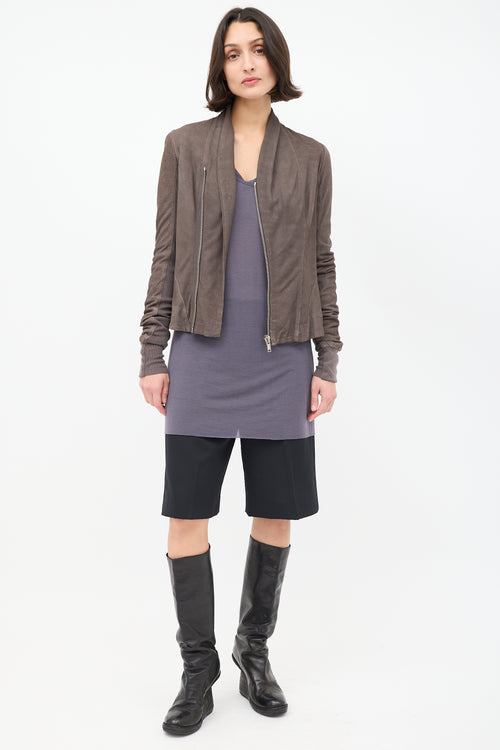 Rick Owens Dark Brown Suede High Neck Asymmetrical Zip Jacket