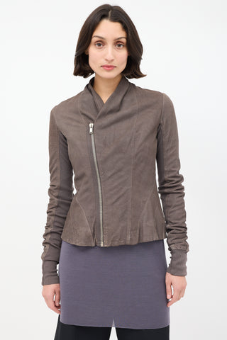 Rick Owens Dark Brown Suede High Neck Asymmetrical Zip Jacket