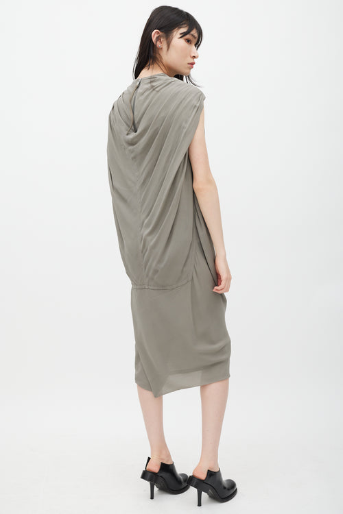 Rick Owens Grey Silk Drape Midi Dress