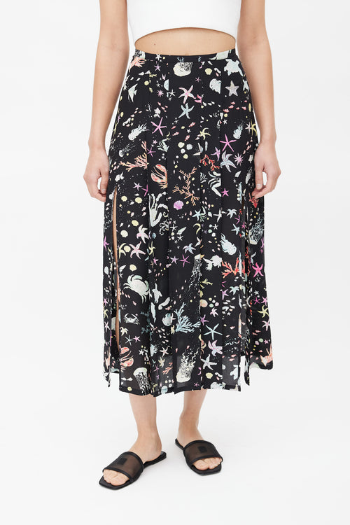 Rixo Black & Multicolour Pleated Ocean Skirt