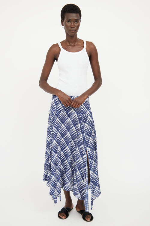 Rixo Blue & White Plaid Asymmetrical Midi Skirt