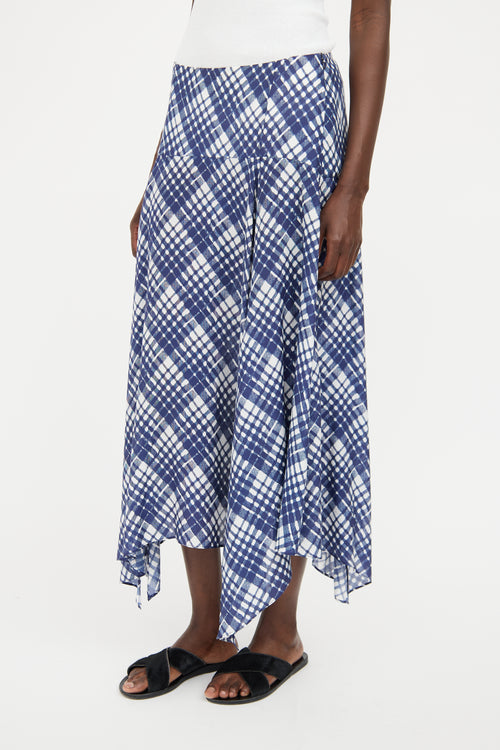 Rixo Blue & White Plaid Asymmetrical Midi Skirt