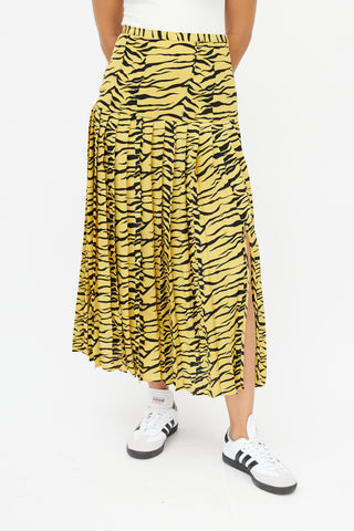 Rixo Yellow & Black Print Pleated Skirt